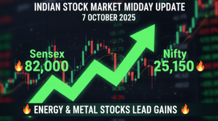 Indian stock market midday update 7 October 2025 — Sensex above 82,000, Nifty near 25,150