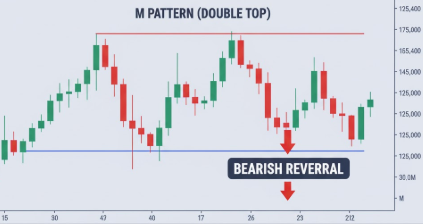 M pattern double top bearish reversal annotated chart