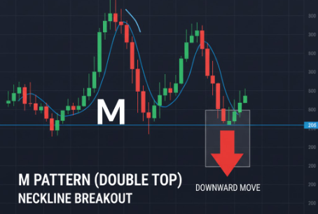M pattern example on candlestick chart showing neckline break and target projection