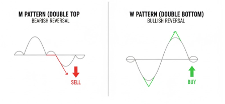 Comparison infographic M pattern bearish vs W pattern bullish