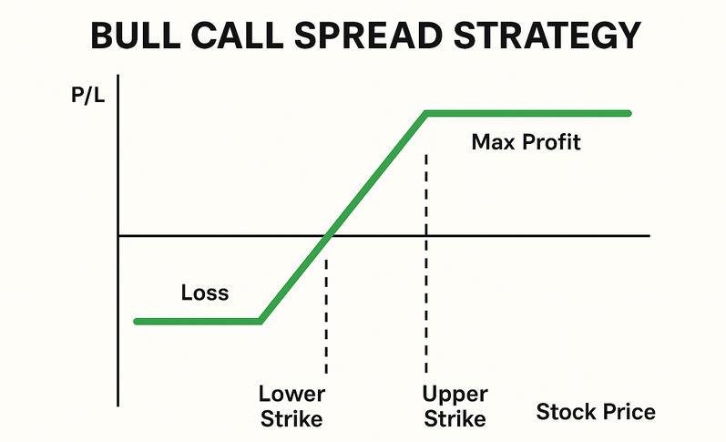 Bull call spread strategy chart showing profit and loss, with lower and upper strike prices for bull call spread option strategy.