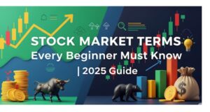 Infographic of key stock market terms for beginners, including bull market, bear market, bid, ask, IPO, dividend