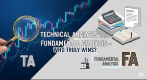 Split infographic showing technical analysis charts versus fundamental analysis financial data