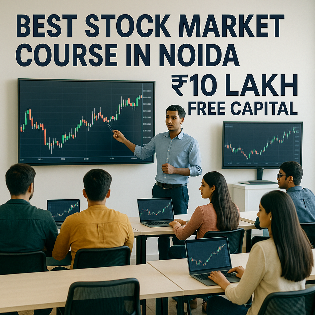 A modern classroom in Noida with young adults learning stock trading on laptops, instructor pointing at a chart, and a bold text on the wall reading “Best Stock Market Course in Noida ₹10 Lakh Free Capital”