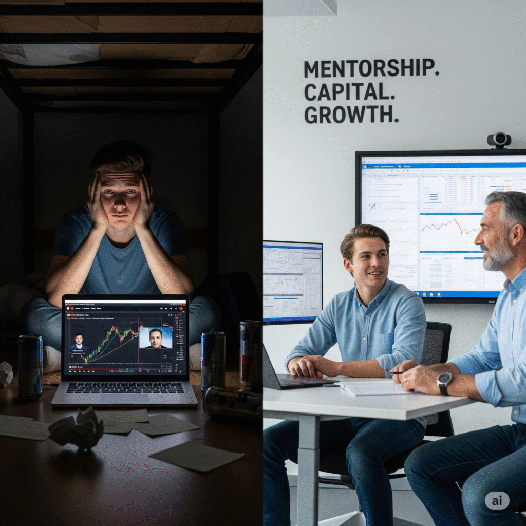 A split-panel image contrasting two learning experiences. On the left, a young man looks confused and overwhelmed while watching stock market videos alone in a dark room. On the right, the same man appears confident and engaged, learning with a mentor in a bright, professional classroom with "Mentorship. Capital. Growth." on the wall.