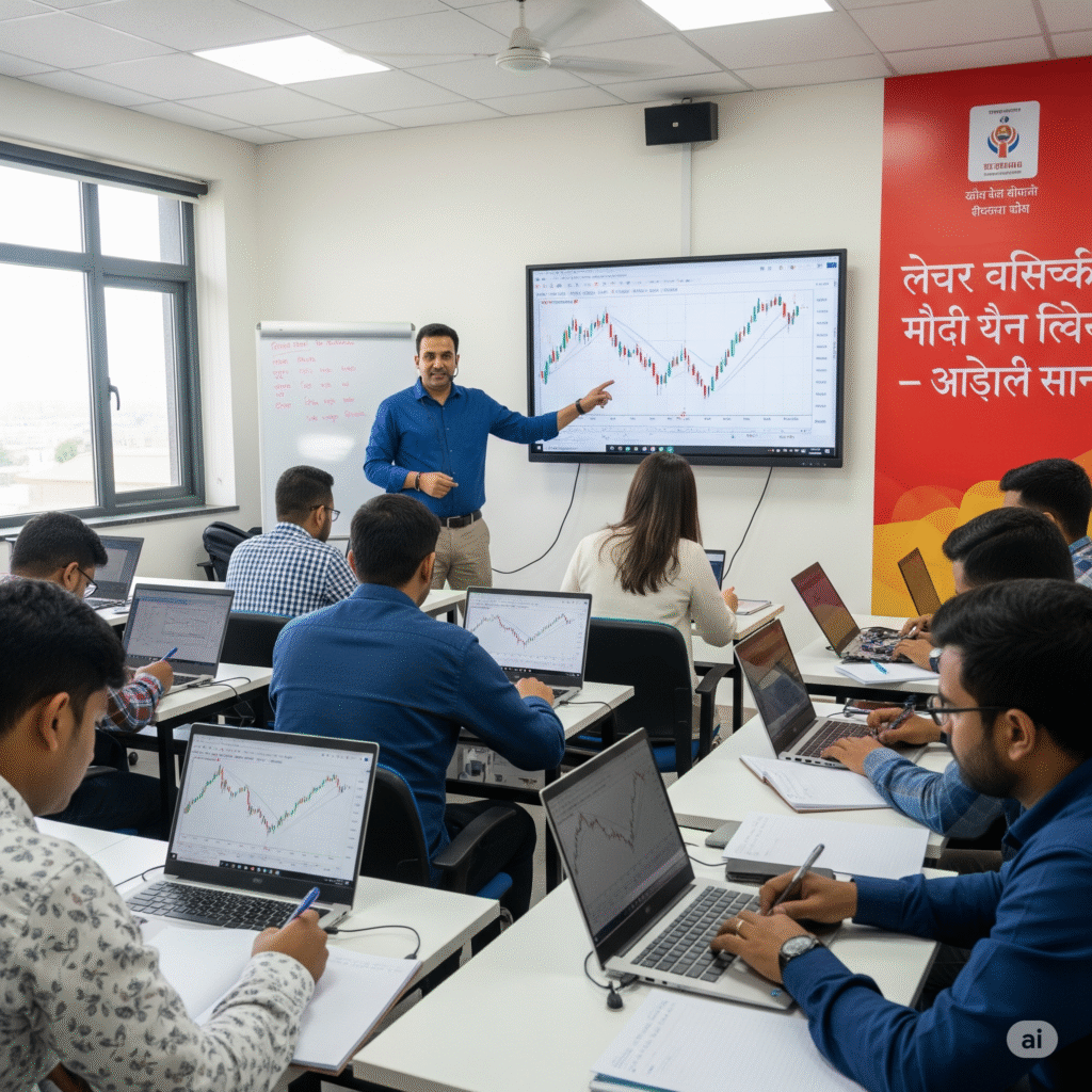 An Indian instructor points to a candlestick chart on a large screen in a modern classroom. Students sit at desks with laptops, also displaying financial charts, diligently taking notes during a stock market seminar. A red poster with Hindi text is on the wall.