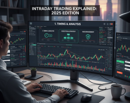 Man day trading on multiple screens with stock charts, focusing on 'Intraday Trading Explained: 2025 Edition.