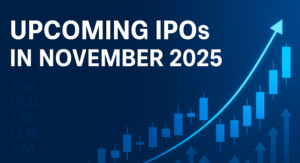 Upcoming IPOs in November 2025 — financial chart with rising candlesticks and upward arrow on a blue background